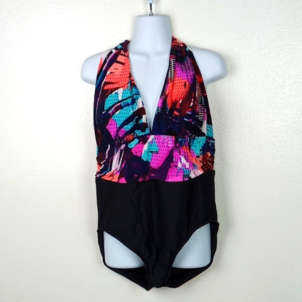 Aqua Green Swimsuit XL 16/18 Black Floral Color Gathered Waist One Piece NWT